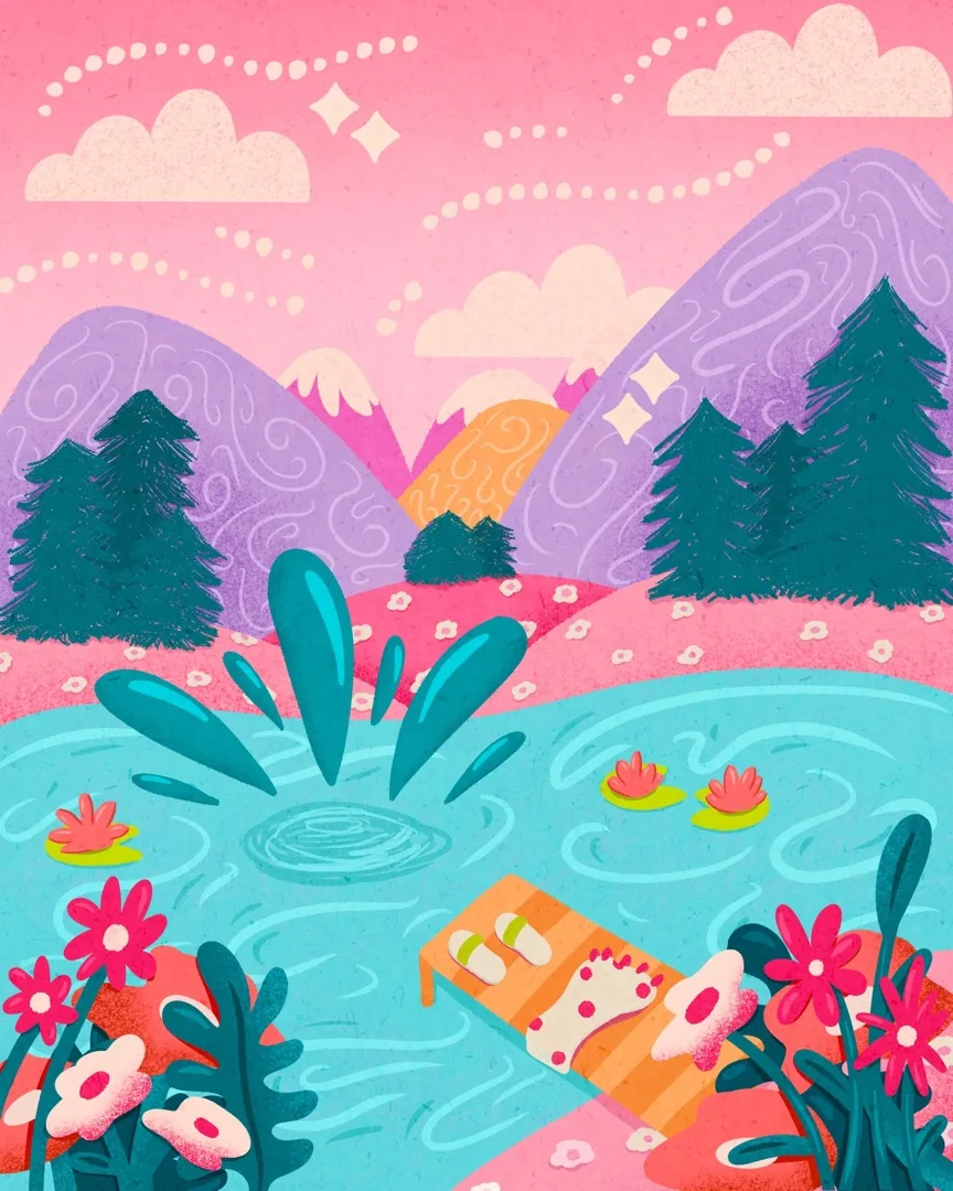 Instagram post: dreamy lake landscape illustration with pink mountains