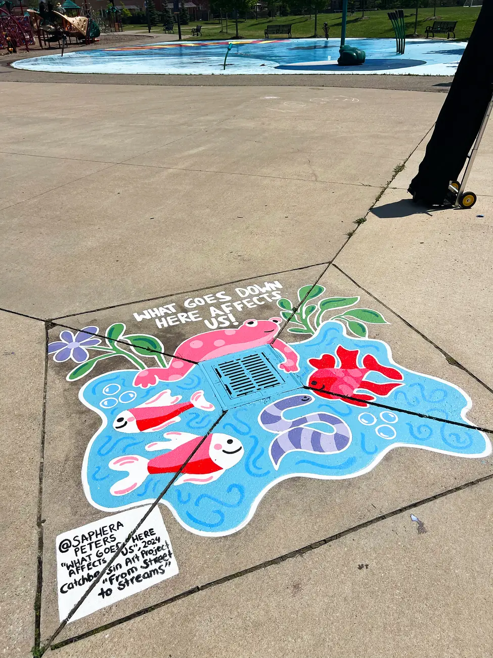 Close view of the underwater catch basin mural with red and pink fish swimming around the drain grate