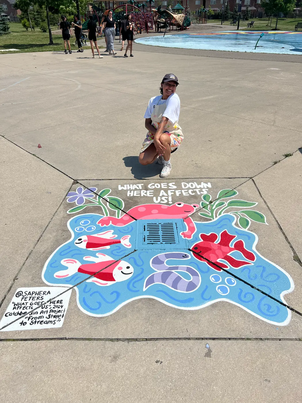 Catch basin mural painted around a storm drain showing fish and plants underwater with the words What goes down here affects us all