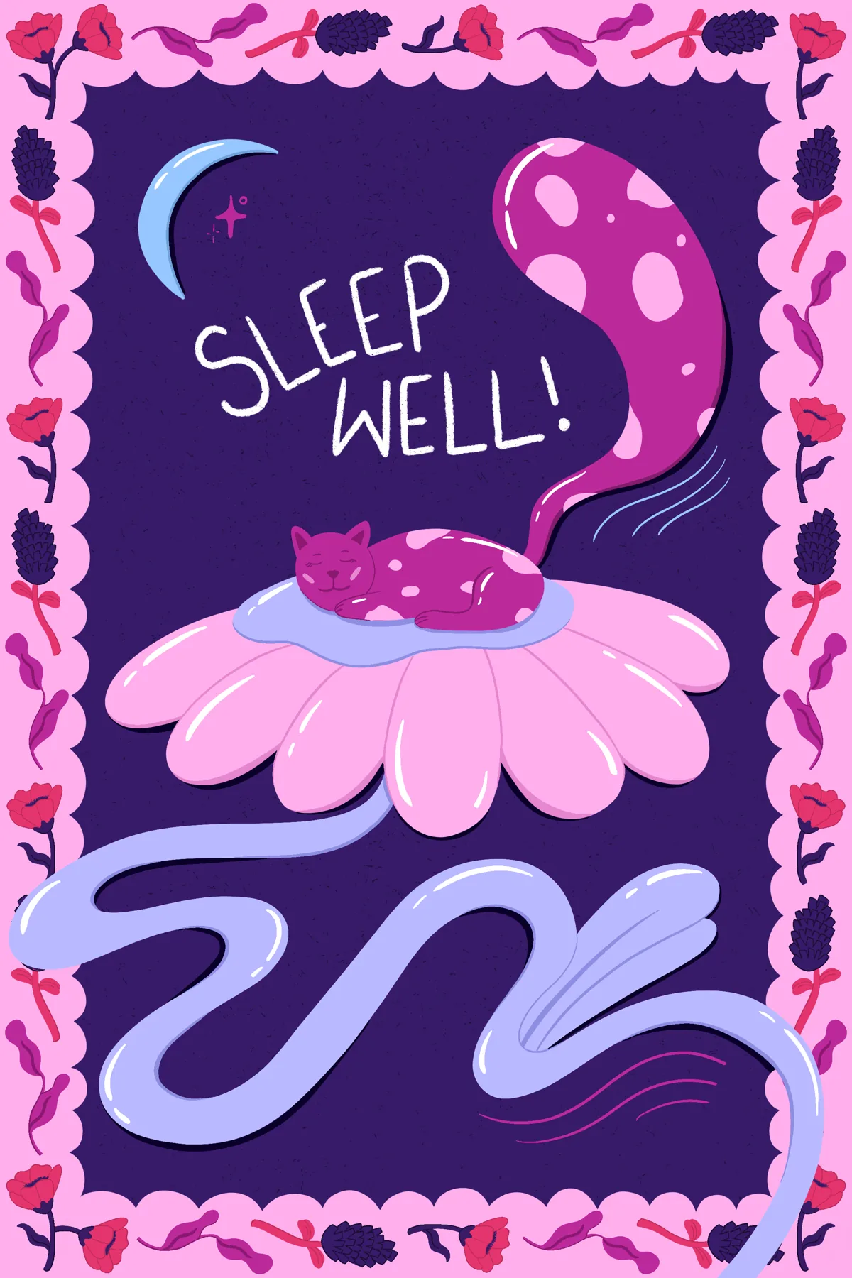 Sleep Well postcard front, a sleeping cat on a flower under a crescent moon