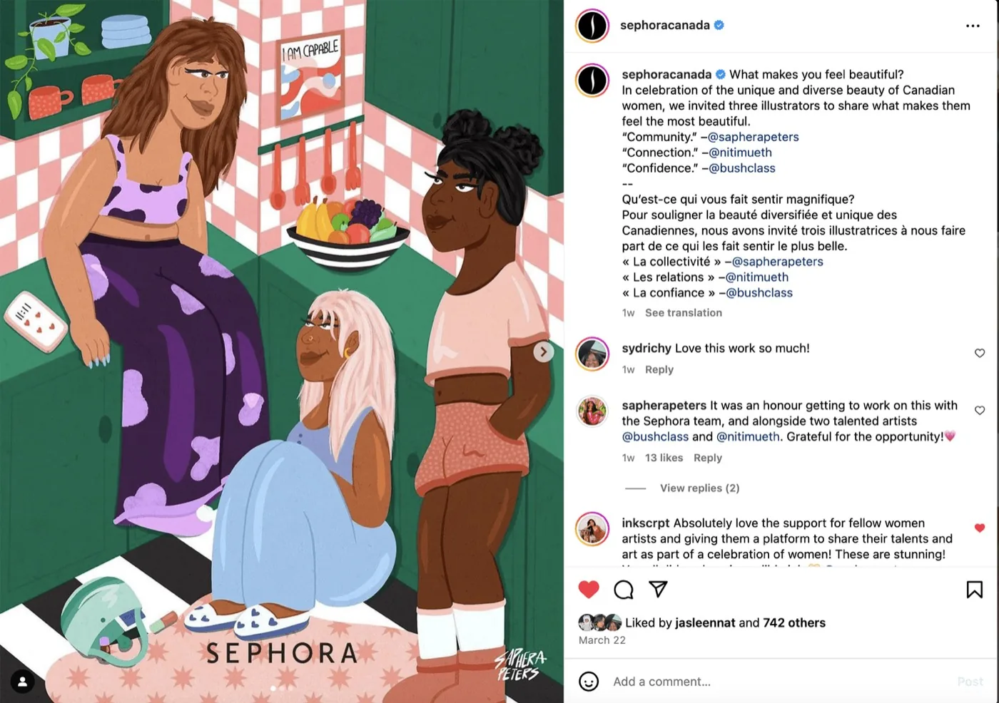 Sephora Canada DEI campaign post featuring Saphera's artwork