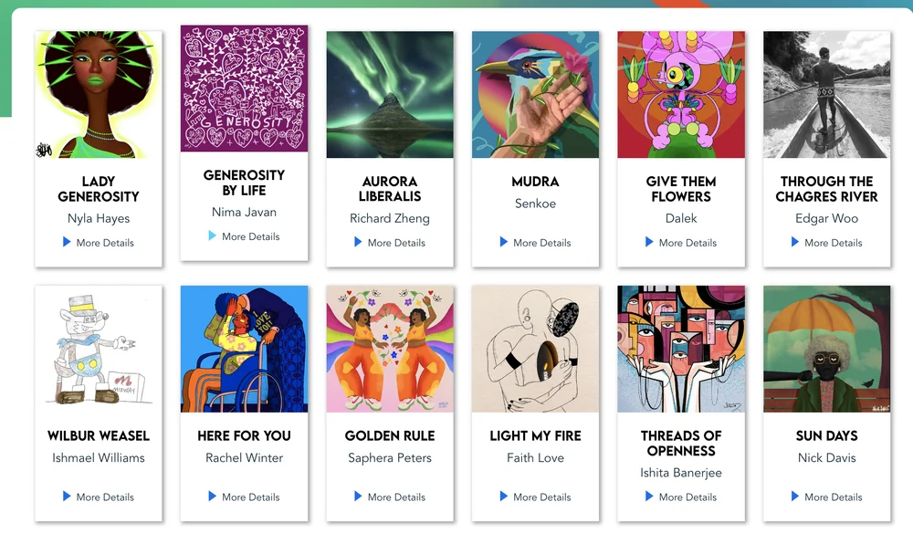 The full Art of Generosity collection grid showing all twelve artists' pieces