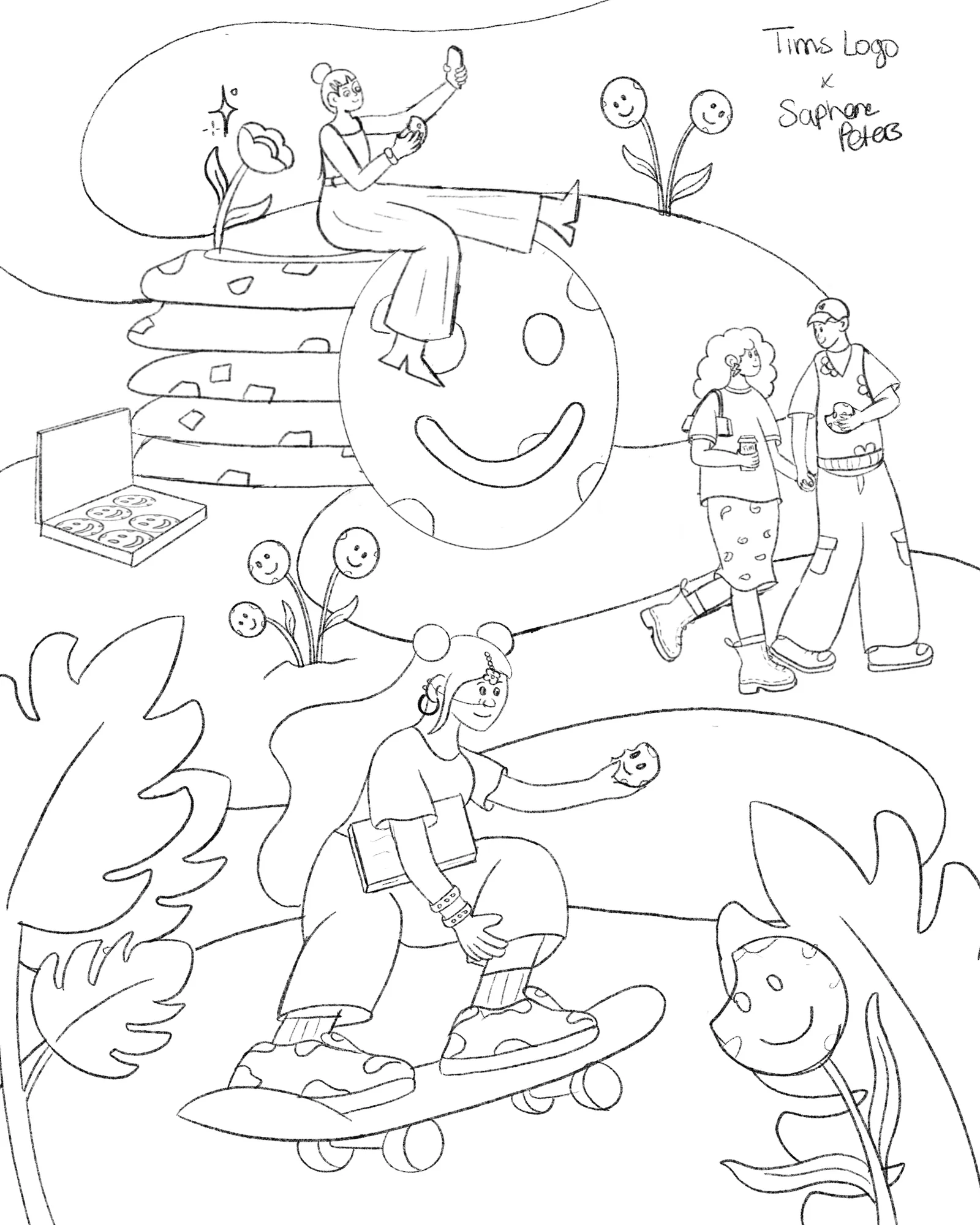 Initial pencil sketch of the Tim Hortons Smile Cookie illustration