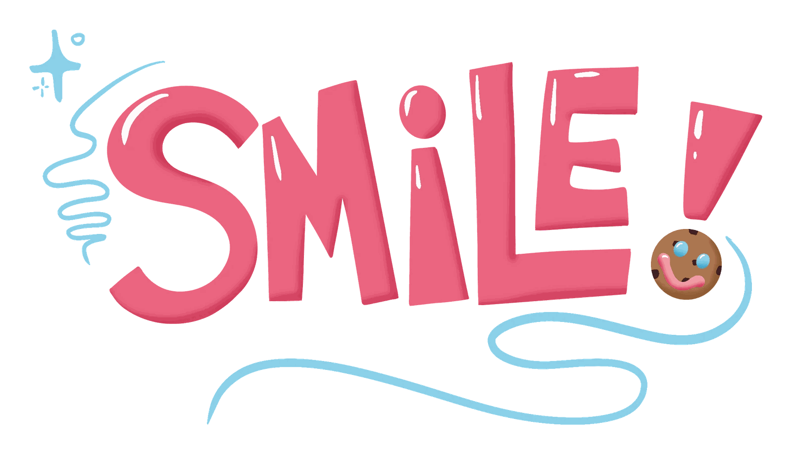 Hand-lettered SMILE! design with a Smile Cookie, drawn for the front of the t-shirt