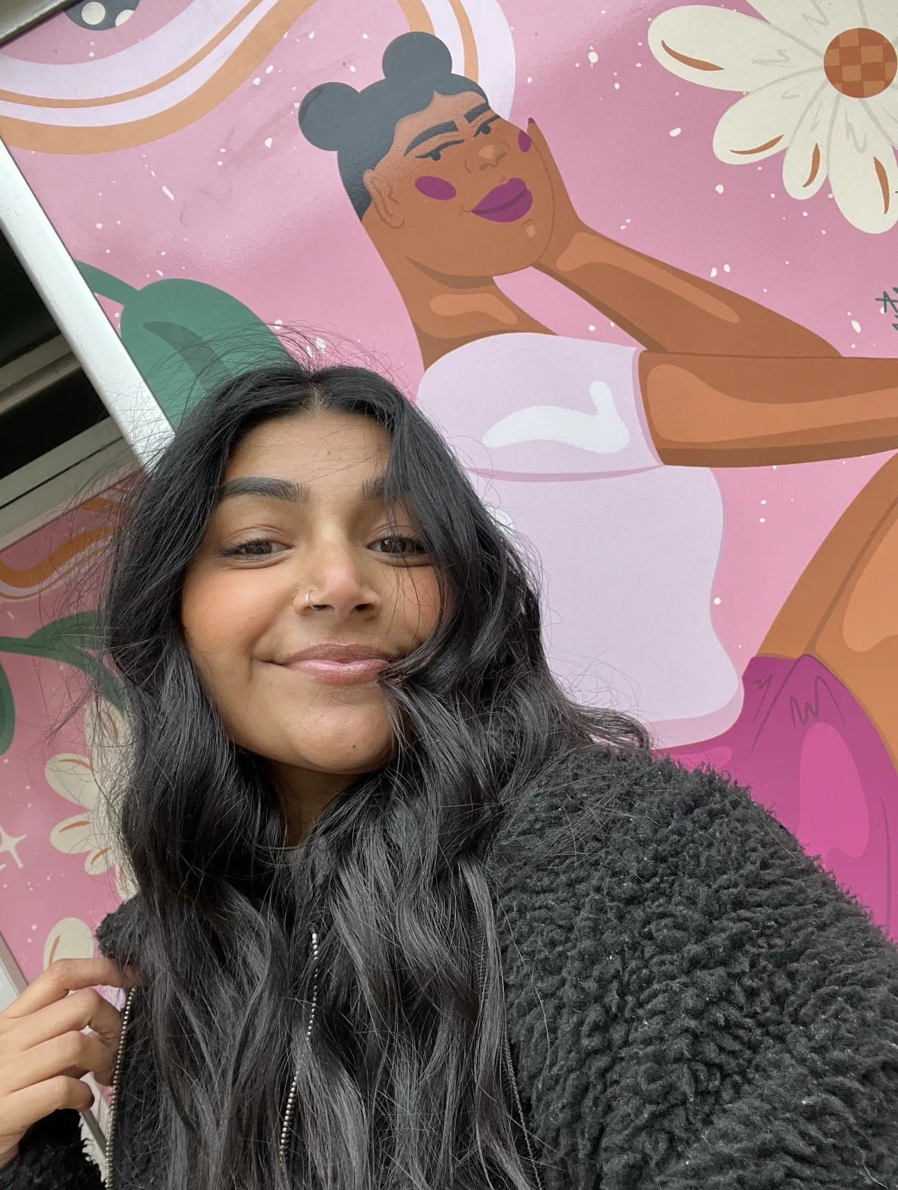 Detail of a vinyl mural showing an illustrated figure with flowers against a pink ground